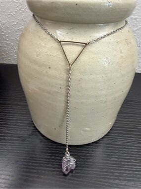 Silver Triangle Lariat Necklace with Purple Amethyst Crystal Drop